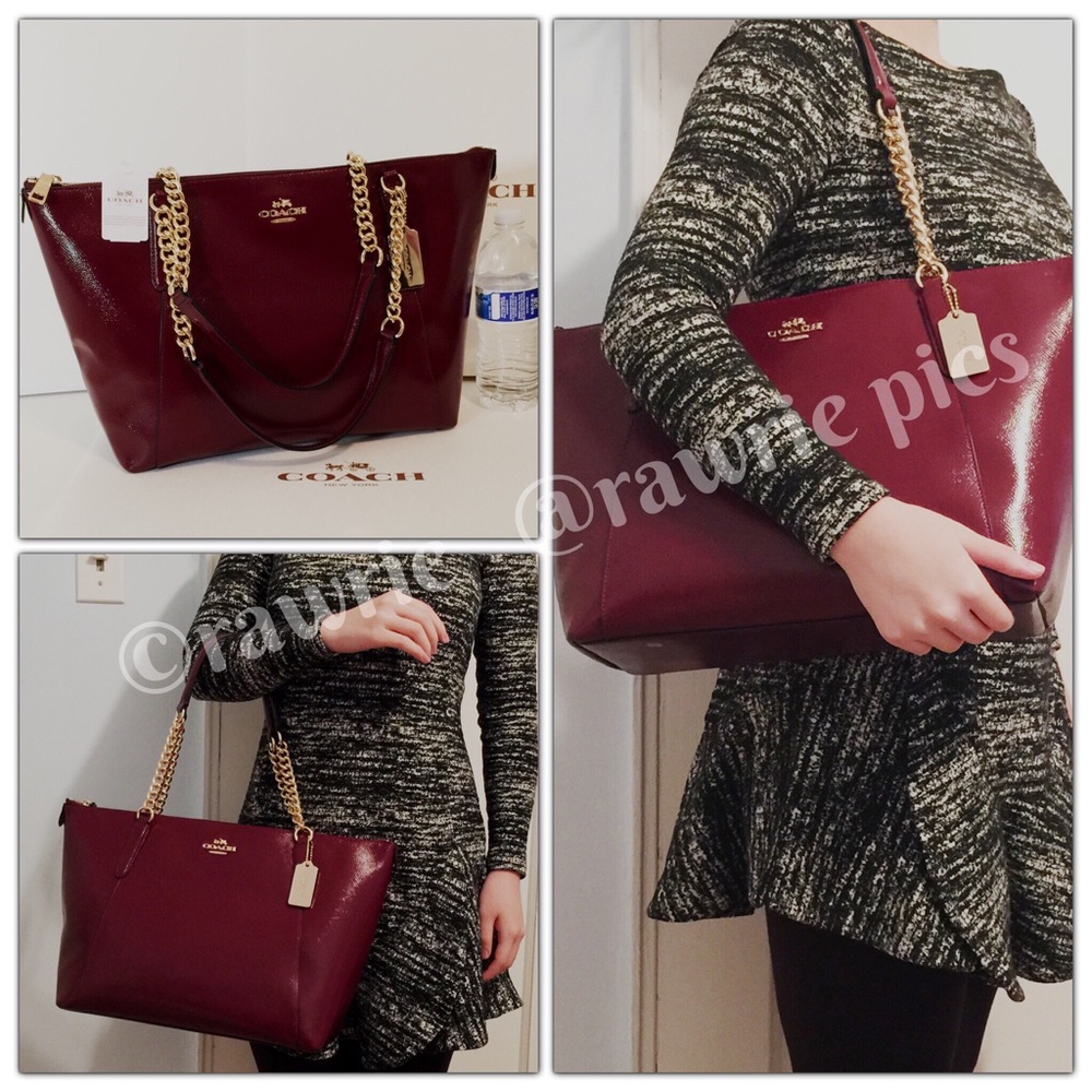 Coach ava chain tote burgundy patent leather